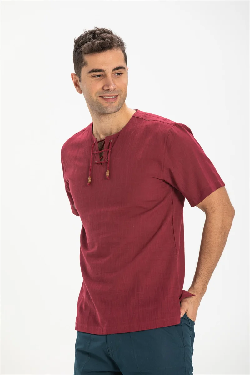 Eliş Şile Bezi Short Sleeve Şile Cloth Stapled Men's Tshirt Dark Claret Red 3068