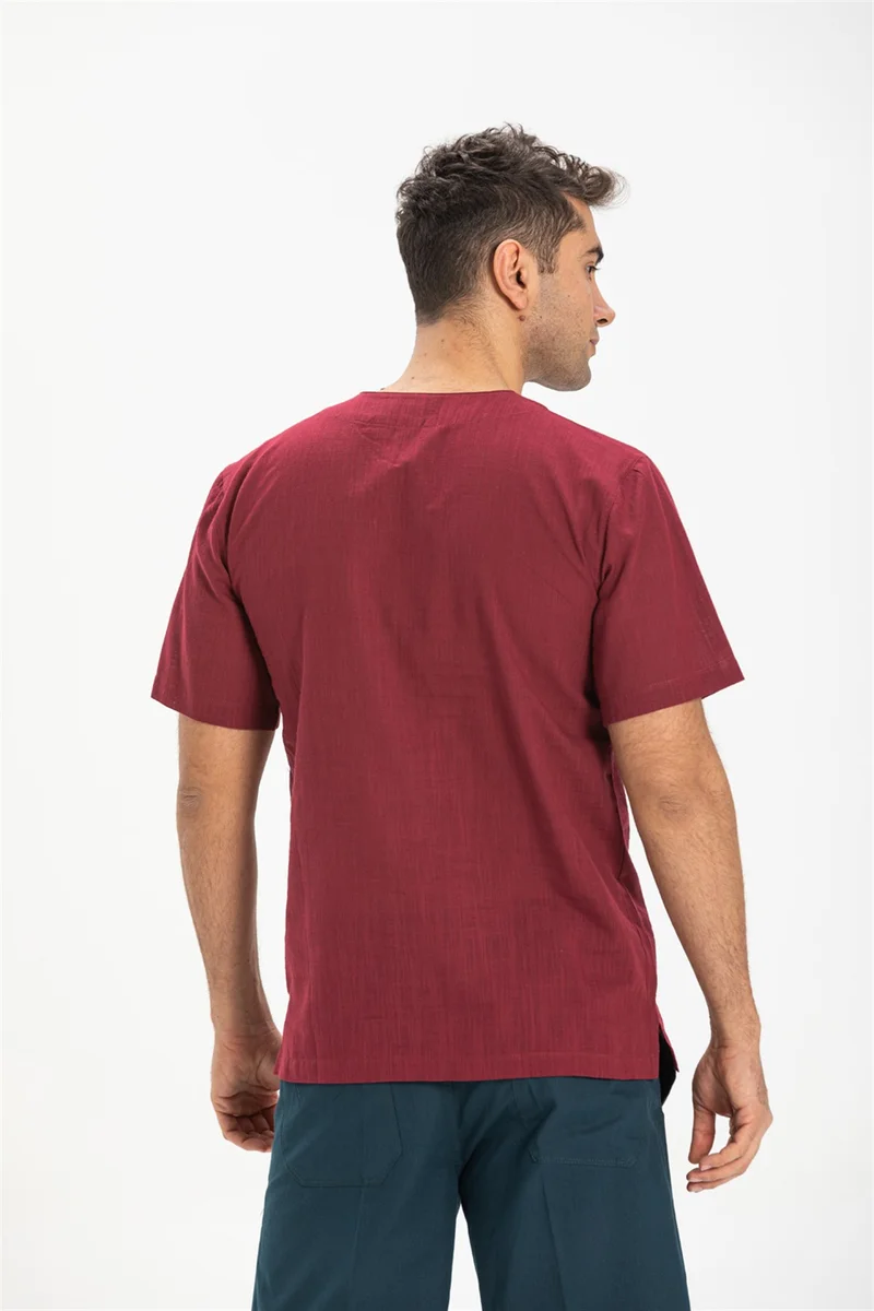 Eliş Şile Bezi Short Sleeve Şile Cloth Stapled Men's Tshirt Dark Claret Red 3068