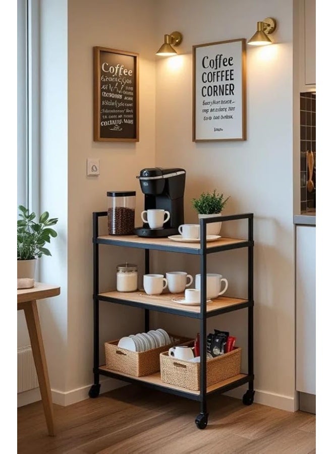 IRONWOOD Modern Coffee Trolley with 3 Shelves Swedish Wood and Steel Construction - 80x35x90cm