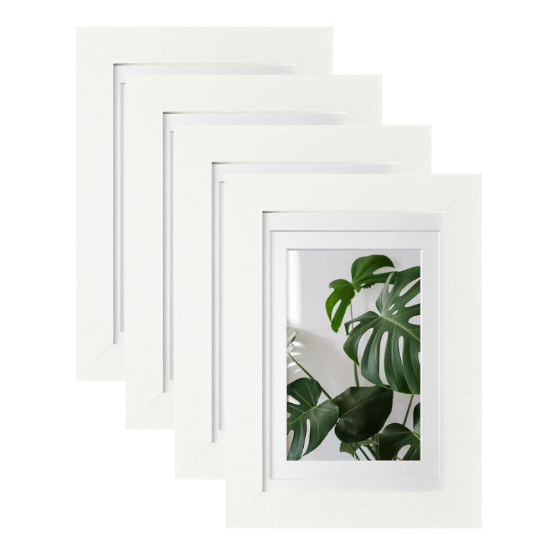 Egofine Egofine 4x6 Picture Frames 4PCS Covered by Plexiglass for Picture 3x4.5/3.5x5 with Mat or 4x6 whitout Mat Made of Solid Wood for Table Top Display and Wall Mounting Photo Frame  White with Texture  - Image 1