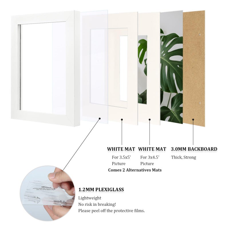 Egofine Egofine 4x6 Picture Frames 4PCS Covered by Plexiglass for Picture 3x4.5/3.5x5 with Mat or 4x6 whitout Mat Made of Solid Wood for Table Top Display and Wall Mounting Photo Frame  White with Texture  - Image 3