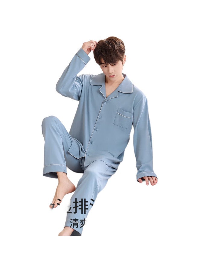 JOAE [Ultra Soft Series] Pure Cotton Men'S Pajamas, Autumn And Winter Long-Sleeve Long Pants, Wearable As Outerwear, Cardigan Loungewear, Blue, Size L - Image 1