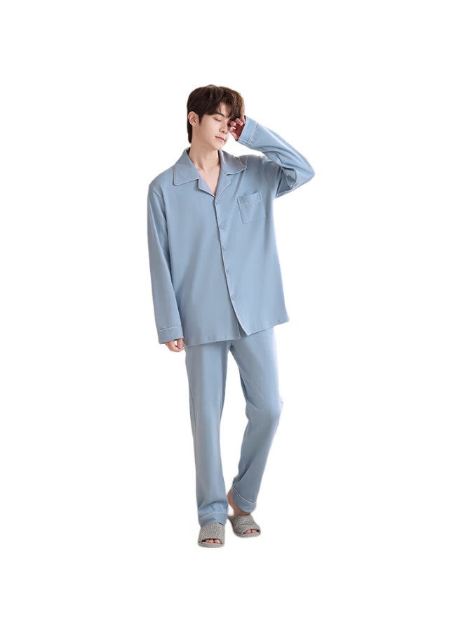 JOAE [Ultra Soft Series] Pure Cotton Men'S Pajamas, Autumn And Winter Long-Sleeve Long Pants, Wearable As Outerwear, Cardigan Loungewear, Blue, Size L - Image 2