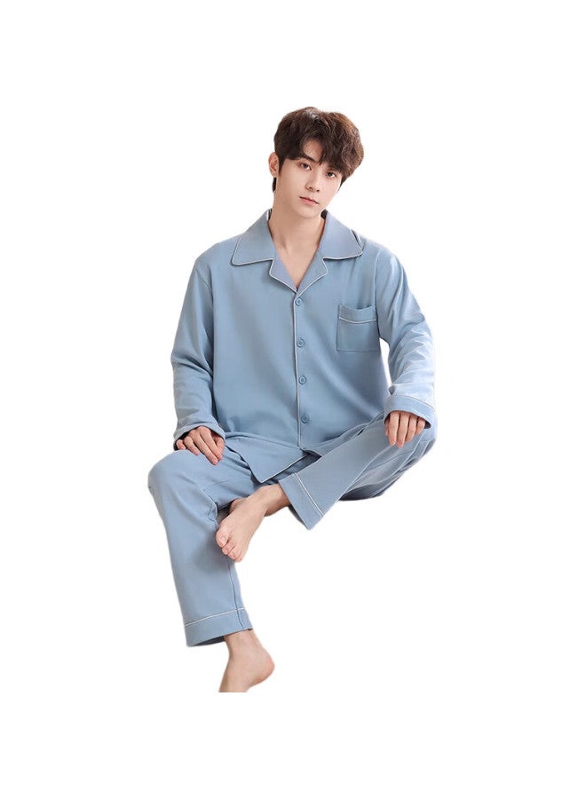 JOAE [Ultra Soft Series] Pure Cotton Men'S Pajamas, Autumn And Winter Long-Sleeve Long Pants, Wearable As Outerwear, Cardigan Loungewear, Blue, Size L - Image 3