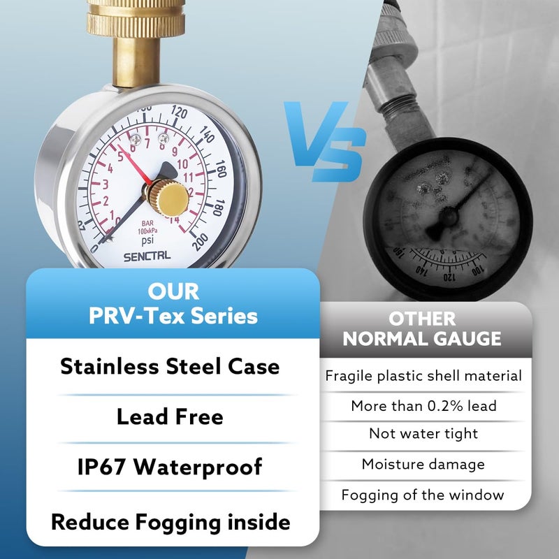 SENCTRL 0-200 Psi Water Pressure Gauge Test with Lazy Hand, Lead-Free, Waterproof, 2.5" Dial Size, 3/4" Female Garden Hose Thread, Stainless Steel Case, for Home Potable Water, House Tube - Image 4