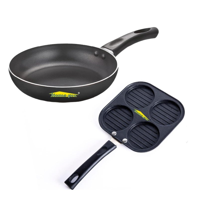 HomePro Aluminium Non Stick Mini Uttapam 4 Cavity and Fry pan Black 22cm Bakelite Handle 125 L Capacity 22 MM Thickness Gas Stove Compatible Cookware Set - Image 1