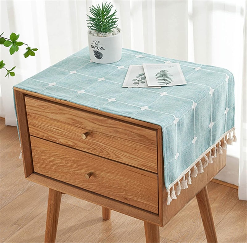 Utobanh Simple Bedside Table Tassel Cover Cloth, Tablecloth Cover Towel, Suitable for Bedside Table TV Microwave Washing Machine Refrigerator Dust Cover (Blue Bars, 15.7 * 35.4 inches) - Image 1