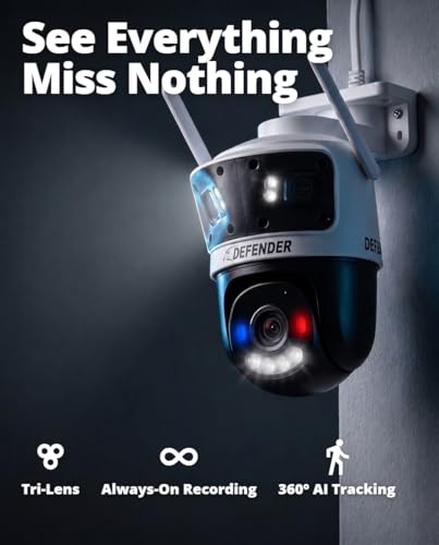 Defender AI 3K+ Guard Tri-Lens WiFi Plug-in 3-in-1 Security Camera, 360° PTZ, AI Human/Vehicle Detection, Auto-Tracking, 8X Zoom, Blue/Red Deterrence Lights, 5 Minute Setup, Guard App (1-Pack) - Image 2