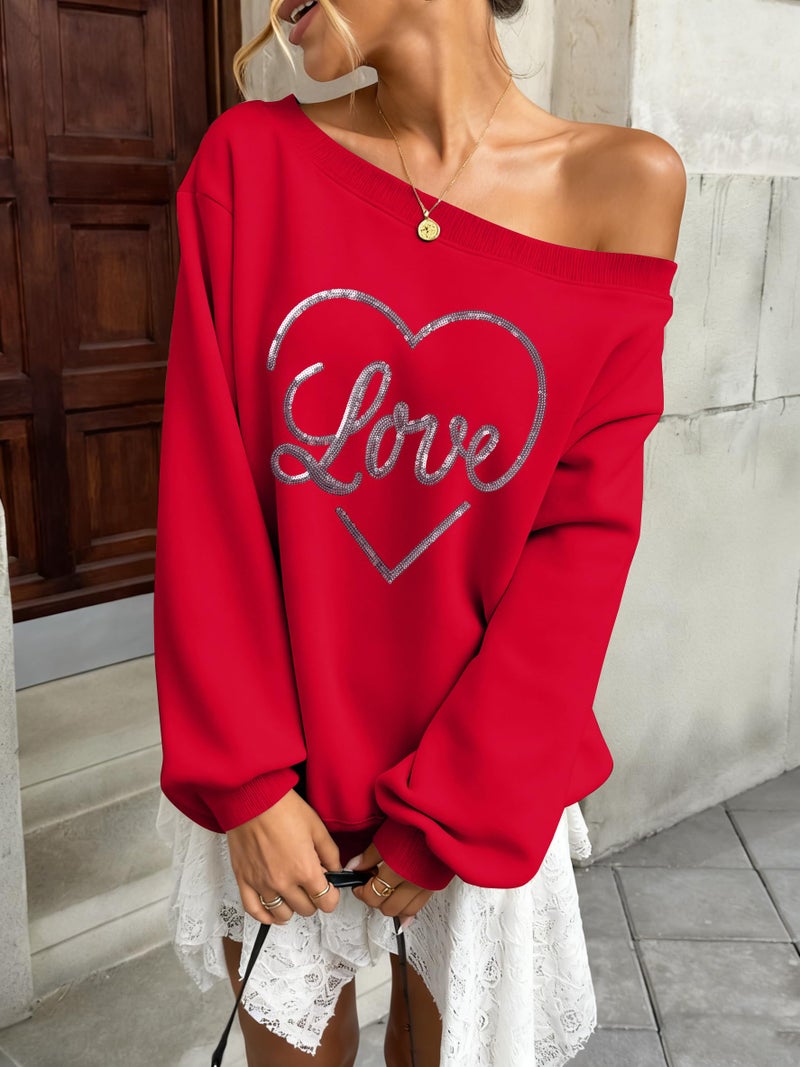 BANGELY Valentines Off Shoulder Sweatshirt Women Love Heart Long Sleeve Shirt Casual Oversized Sweatshirts Fashion Sequin Top Red - Image 2