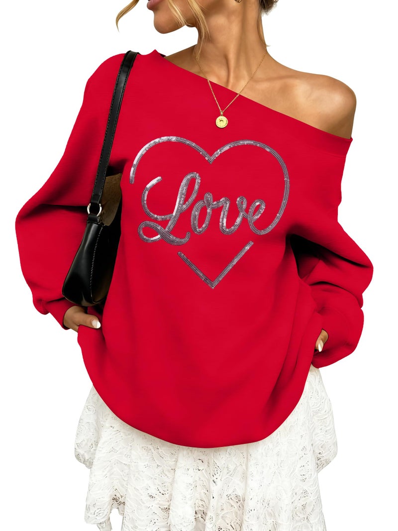 BANGELY Valentines Off Shoulder Sweatshirt Women Love Heart Long Sleeve Shirt Casual Oversized Sweatshirts Fashion Sequin Top Red - Image 1