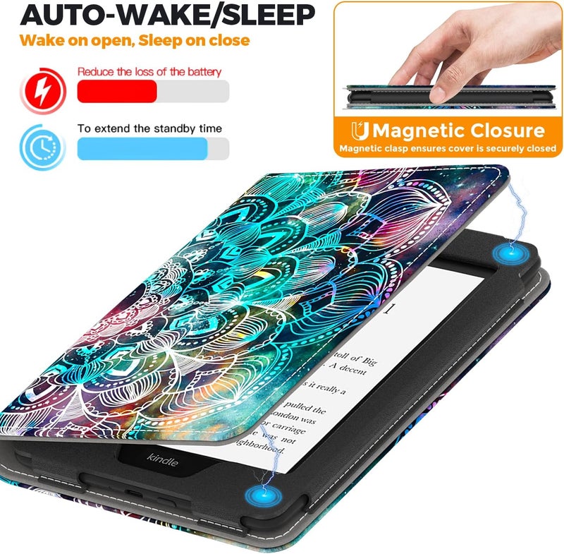 VORI Stand Case for Kindle Paperwhite (11th Generation-2021) and Kindle Paperwhite Signature Edition, PU Leather Case Smart Protective Cover with Auto-Wake/Sleep and Hand Strap, Mandalas Galaxy - Image 3
