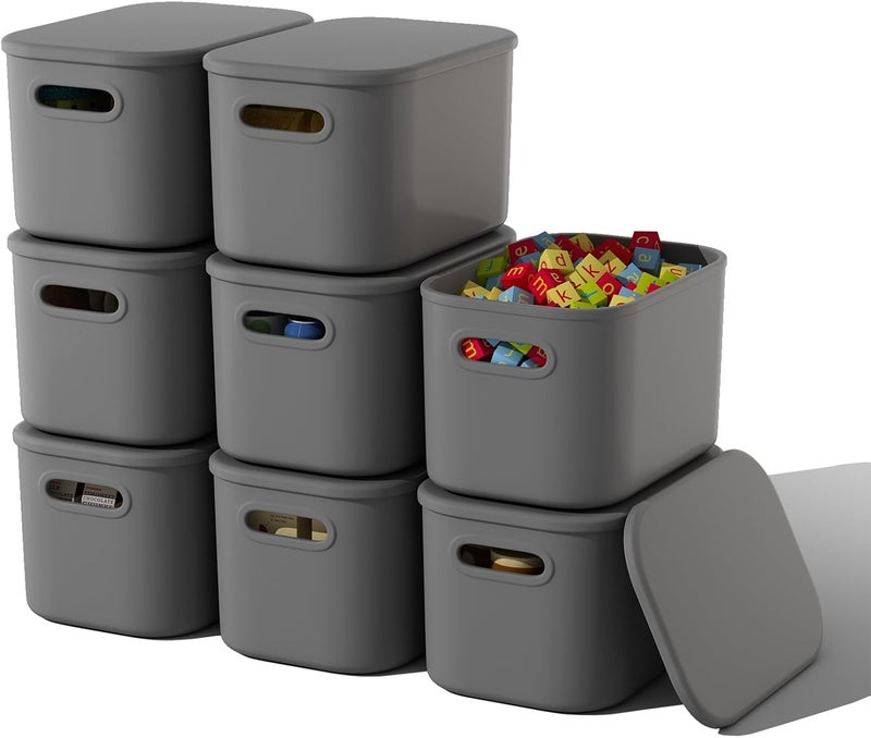 ORGIDOL 8 Pack Dark Grey Storage Bins with Lids Stackable Storage Container for Organizing, Storage Boxes with Handle for Shelves, Cute Storage Bin for Craft, Snacks, 9.85x6.9x5.7 inch - Image 1