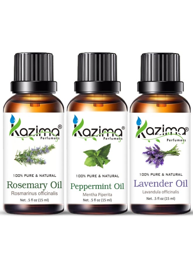 KAZIMA Essential Oils - Rosemary Oil, Peppermint Oil & Lavender Oil (Combo Pack of 3) 15 ml Each - Image 1
