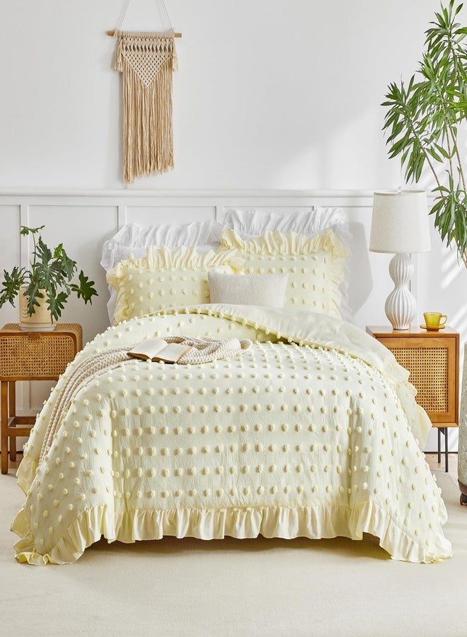 Flysheep Tufted Dots Ruffle Duvet Cover Set Twin Size, 3 Pieces Vintage Farmhouse Shabby Chic Ruffled Duvet Cover with Zipper Closure, Luxury Jacquard Boho Bohemian Bedding Set for Kids (Yellow, Twin) - Image 2