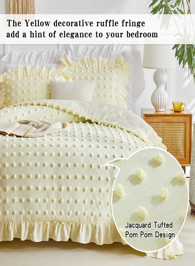 Flysheep Tufted Dots Ruffle Duvet Cover Set Twin Size, 3 Pieces Vintage Farmhouse Shabby Chic Ruffled Duvet Cover with Zipper Closure, Luxury Jacquard Boho Bohemian Bedding Set for Kids (Yellow, Twin) - Image 3