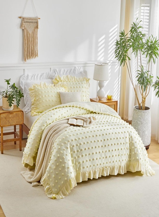 Flysheep Tufted Dots Ruffle Duvet Cover Set Twin Size, 3 Pieces Vintage Farmhouse Shabby Chic Ruffled Duvet Cover with Zipper Closure, Luxury Jacquard Boho Bohemian Bedding Set for Kids (Yellow, Twin) - Image 1