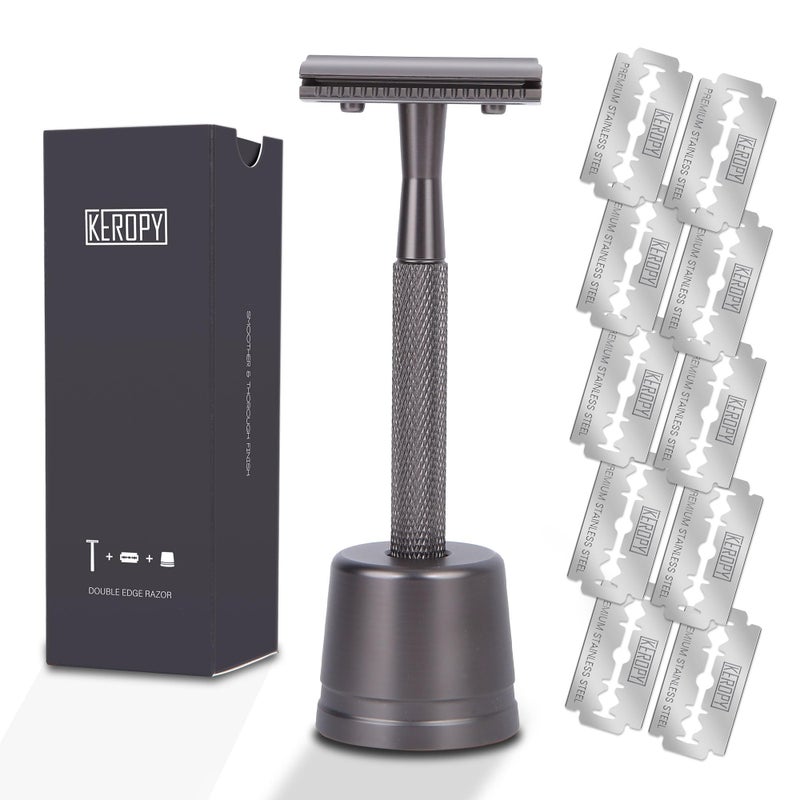 Keropy Double Edge Razor With Stand and 10 Premium Stainless Steel Blade Safety Razors For Men Shaving Razor, Matte Black Double Edge Safety Razor, Gun Black - Image 1
