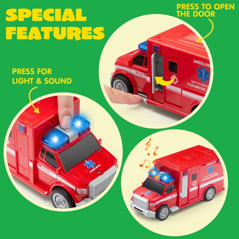 JOYIN 4 Pcs 7" Long Vehicle Toy Set, Toddlers Cars with Lights and Siren Sound, Including Play Police Car, School Bus, Garbage Truck, Ambulance, Birthday Christmas Party Gifts Toys for Boys 3-5 - Image 3