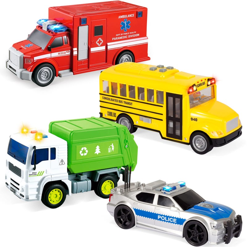 JOYIN 4 Pcs 7" Long Vehicle Toy Set, Toddlers Cars with Lights and Siren Sound, Including Play Police Car, School Bus, Garbage Truck, Ambulance, Birthday Christmas Party Gifts Toys for Boys 3-5 - Image 1