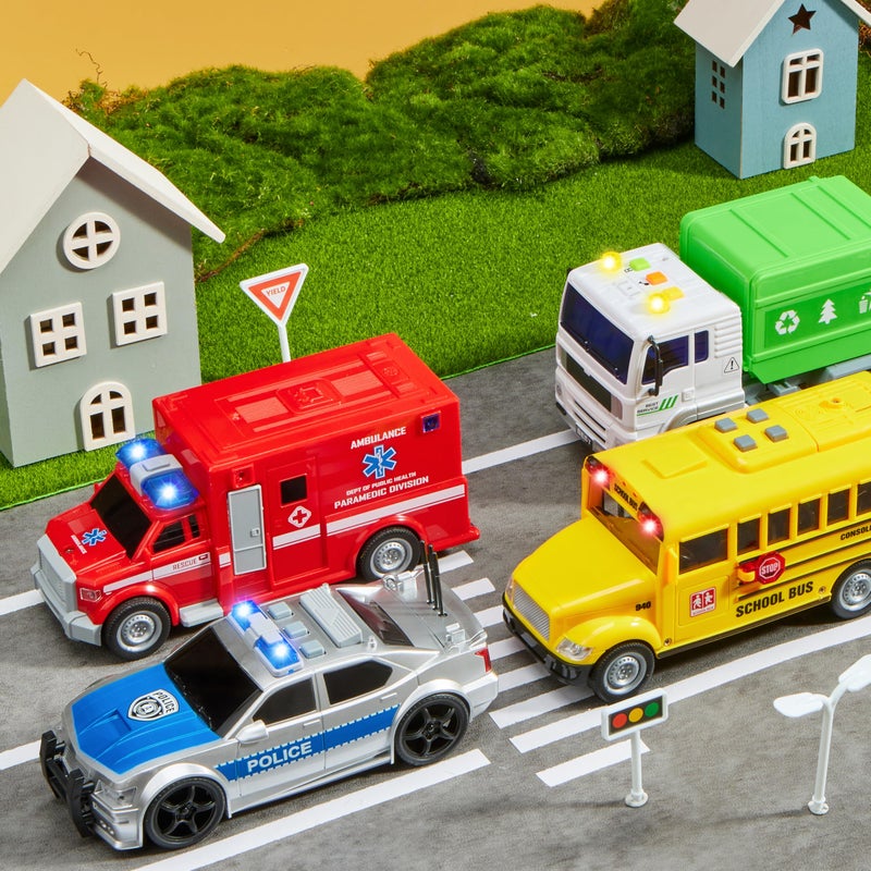 JOYIN 4 Pcs 7" Long Vehicle Toy Set, Toddlers Cars with Lights and Siren Sound, Including Play Police Car, School Bus, Garbage Truck, Ambulance, Birthday Christmas Party Gifts Toys for Boys 3-5 - Image 2