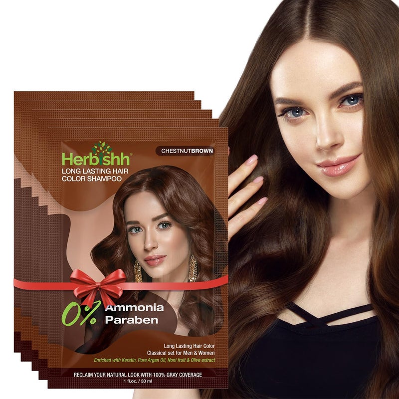 Herbishh Travel Pack Hair Dye Color Shampoo in Sachet  1pc Argan Hair Mask Sachet Chestnut brown 5 sachets