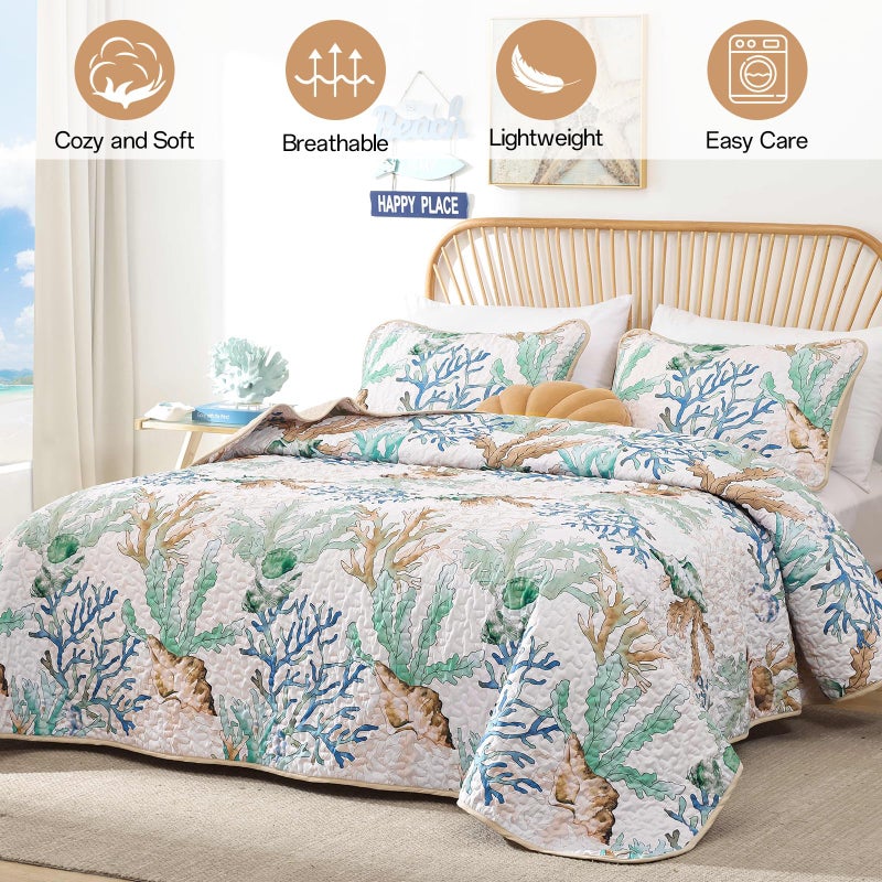 Xruibed Coastal Quilt Set King Size Green Nautical Beach Quilt Coverlet Reversible Lightweight Bedspread with 2 Pillowshams Soft Microfiber Quilt Set for All Season 110"x90" - Image 2