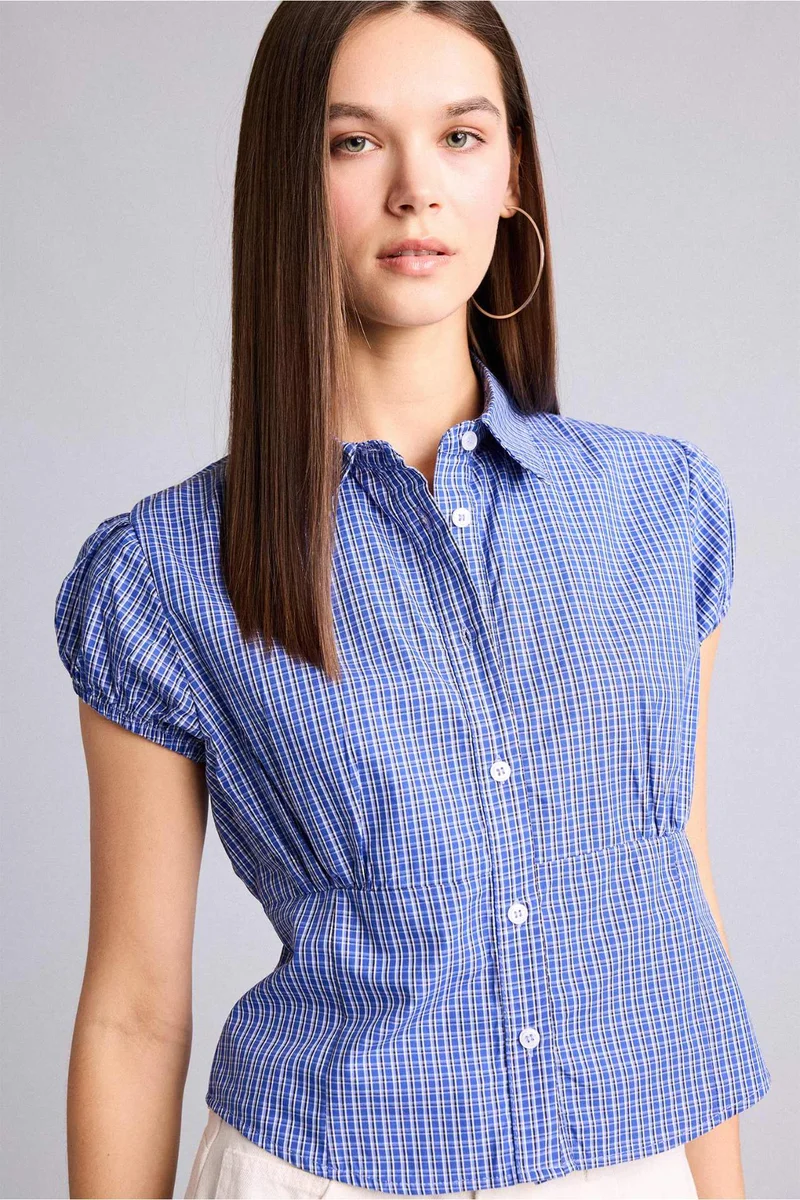 ديفاكتو Slim Fit Shirt Collar Cotton Plaid Short Sleeve Shirt