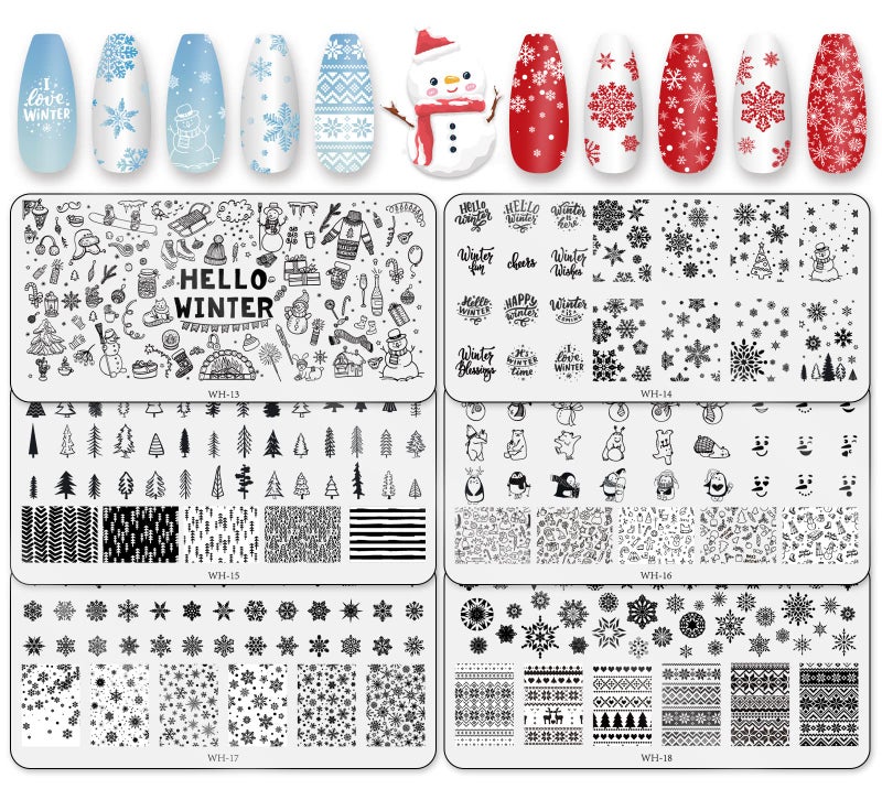 Whaline 6 Pieces Winter Nail Art Stamping Plates Kit Snowman Snowflake Pine Tree Sweater Image Stamp Templates Hello Winter Nail Art Plates for Winter Xmas DIY Print Manicure Salon Design Gift