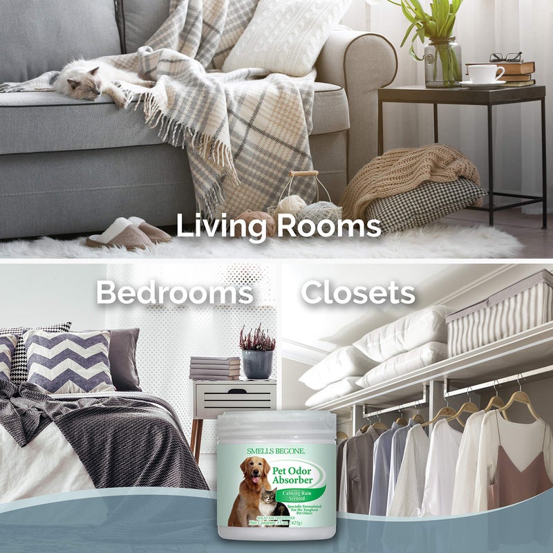 Smells Begone جيل امتصاص روائح الحيوانات SMELLS BEGONE - معطر هواء - يمتص الروائح من الحمامات، السيارات، مناطق الحيوانات الأليفة، القوارب والمركبات الترفيهية - مصنوع من الزيوت الأساسية - رائحة مطر مهدئة - 15 أونصة - Image 3