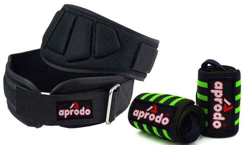 Aprodo Fitness Combo Power Nylon Weightlifting Belt with Wrist Support (1 Pair) for Men and Women (Black Green Combo, X-Large 40'' - 44'') - Image 1