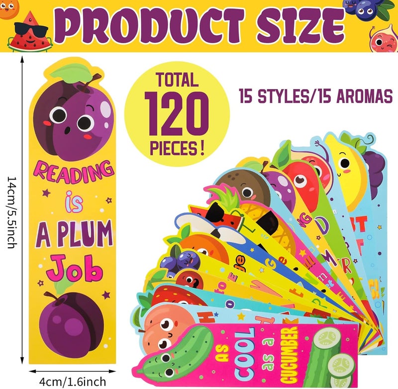 Fainne 120 Pieces Scented Bookmarks Scratch and Sniff Bookmarks Fruit Bookmarks for Kids Cute Bookmarks Educational Book Markers for Office School Students Reader Supplies, 15 Scents - Image 2