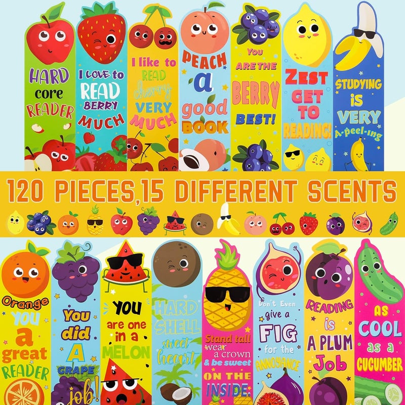 Fainne 120 Pieces Scented Bookmarks Scratch and Sniff Bookmarks Fruit Bookmarks for Kids Cute Bookmarks Educational Book Markers for Office School Students Reader Supplies, 15 Scents - Image 4