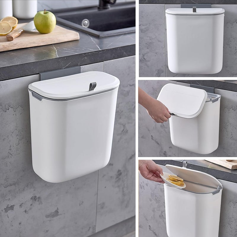 ELPHECO Kitchen Compost Bin, 9.5 Litre Hanging Trash Can with Lid, White, Polypropylene, Kitchen Cabinet Door Under Sink Plastic Garbage Can Compost Bin Wall Mounted Slide Open, 2.5 Gallon - Image 2