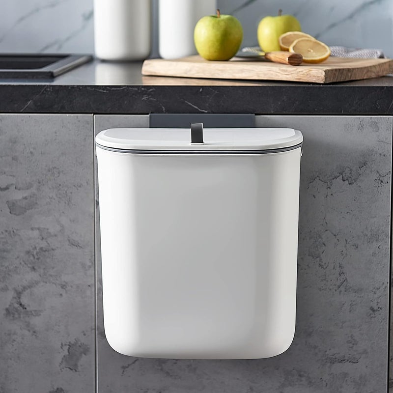ELPHECO Kitchen Compost Bin, 9.5 Litre Hanging Trash Can with Lid, White, Polypropylene, Kitchen Cabinet Door Under Sink Plastic Garbage Can Compost Bin Wall Mounted Slide Open, 2.5 Gallon - Image 1