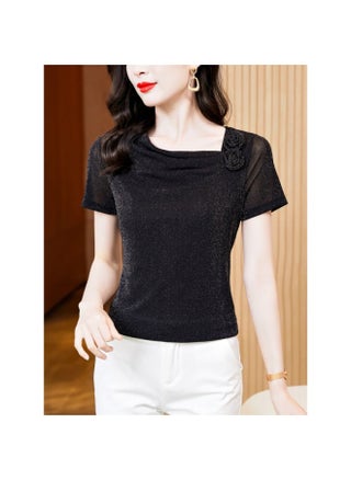 Heap Collar French Top Women's Summer New Motherhood Elegant Bright Silk Small Shirt Mesh Short Sleeve T-Shirt Base - pzsku/ZD61D3DA4CF0DF275E456Z/45/1749707451/807cf233-21f9-438a-bc94-12e345d927a8