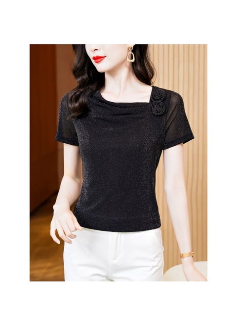 Heap Collar French Top Women's Summer New Motherhood Elegant Bright Silk Small Shirt Mesh Short Sleeve T-Shirt Base
