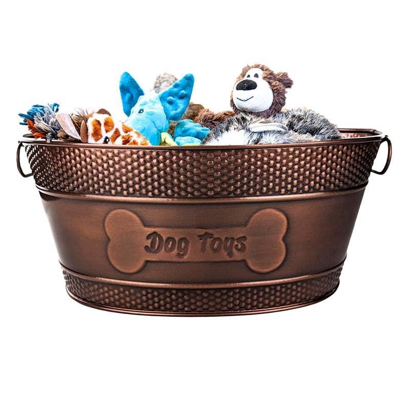 BREKX Indestructible Metal Dog Toy Bin Copper Galvanized Storage Bin with Handles Pet Storage Organizer Ropes Blankets Leashes Bone Design Pet Toy Box 15Quart