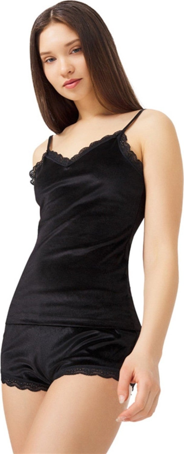 COTTONHILL Black Lace Detailed Thin Strap Velvet Women's Tank Top and Shorts Set  - Image 1