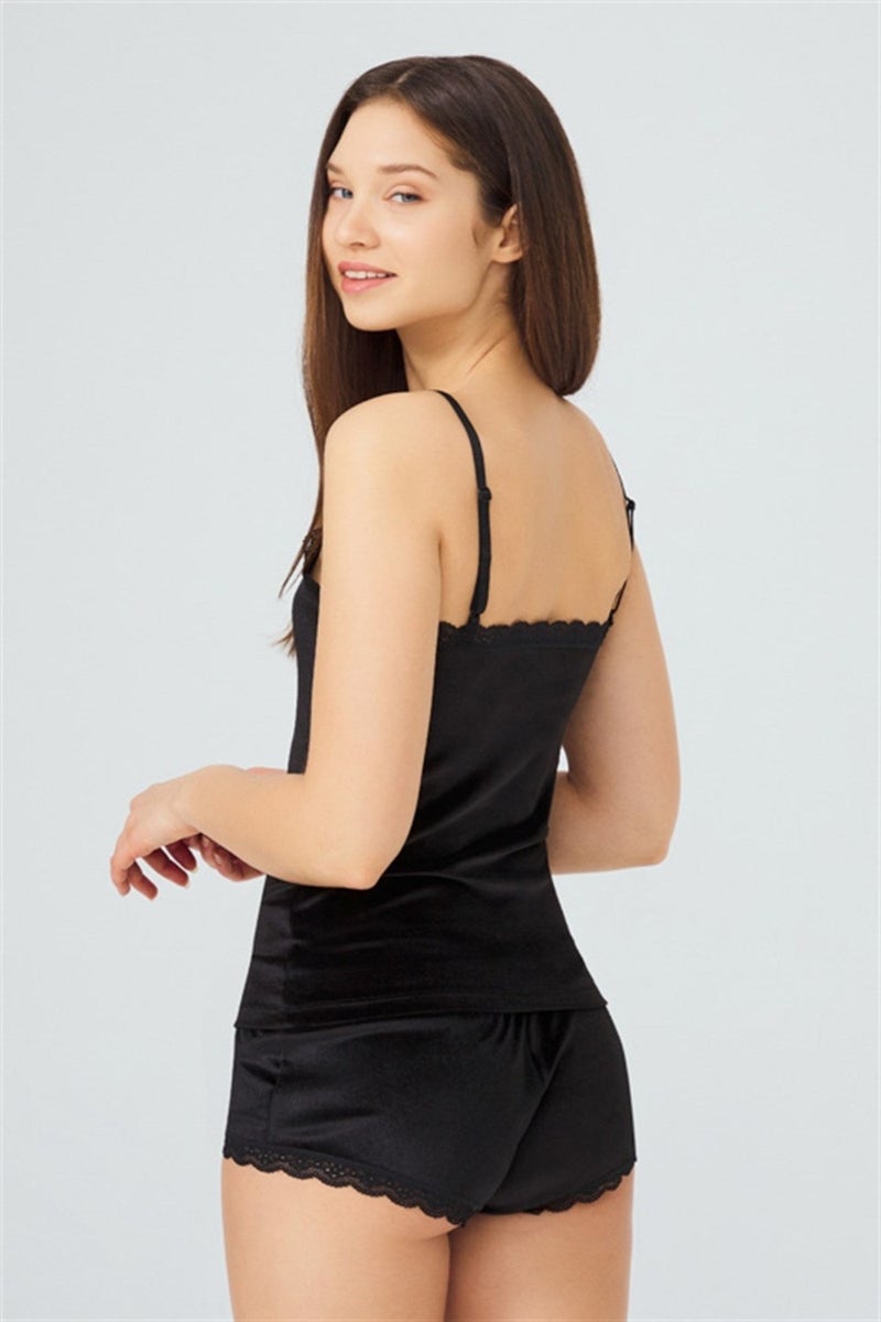 COTTONHILL Black Lace Detailed Thin Strap Velvet Women's Tank Top and Shorts Set  - Image 2