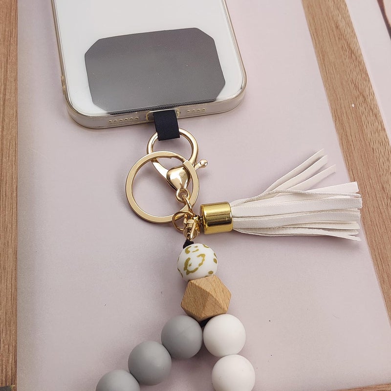 Nalefow Phone Lanyard Silicone Beaded Phone Wrist Strap Cute Elastic Cell Phone Wristlet Chain Bracelet with 2 Tether Tab for Phone (White) - Image 4