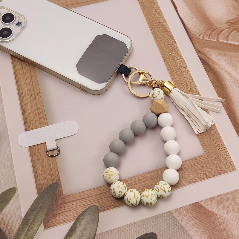 Nalefow Phone Lanyard Silicone Beaded Phone Wrist Strap Cute Elastic Cell Phone Wristlet Chain Bracelet with 2 Tether Tab for Phone (White) - Image 2
