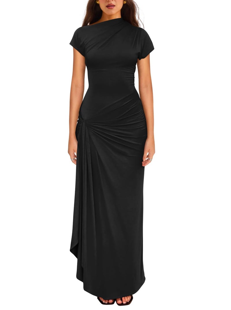 YMDUCH Women's Casual Short Sleeve Boat Neck Ruched High Split Bodycon Long Formal Dress Black - Image 1