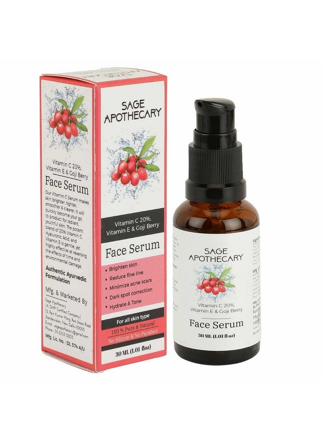 Face Serum Natural Vitamin C 20%, Vitamin E & Goji Berry,Increases Skin'S Glow Instantly Reduces Spots Overtime Bright Serum Whitening Men For Women 30Ml