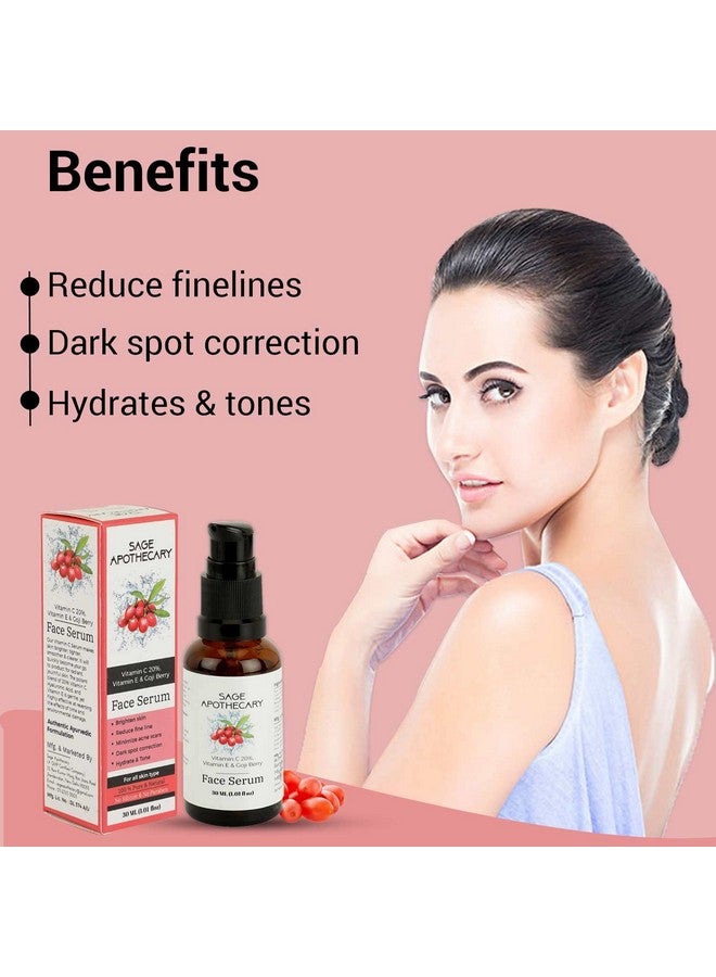 Face Serum Natural Vitamin C 20%, Vitamin E & Goji Berry,Increases Skin'S Glow Instantly Reduces Spots Overtime Bright Serum Whitening Men For Women 30Ml