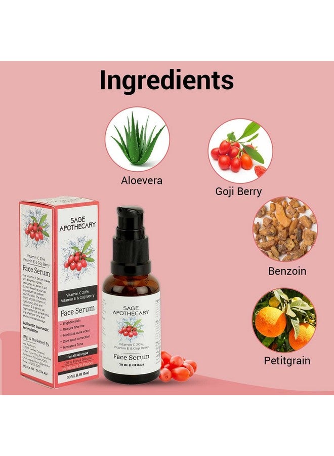 Face Serum Natural Vitamin C 20%, Vitamin E & Goji Berry,Increases Skin'S Glow Instantly Reduces Spots Overtime Bright Serum Whitening Men For Women 30Ml