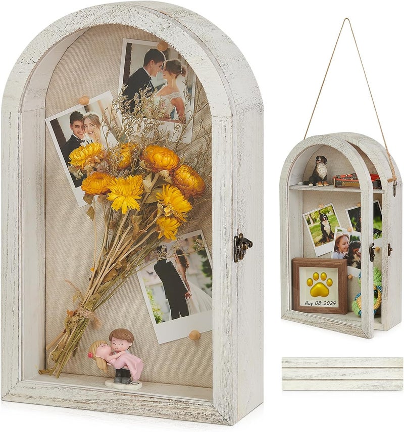 DGWJSU Shadow Box Frame 10x16 Large Shadow Boxes Display Cases with Linen Back and Removable Shelves, Picture Frame Wedding Bouquet Memorabilia Medals Photos Memory Box for Keepsakes (White) - Image 1