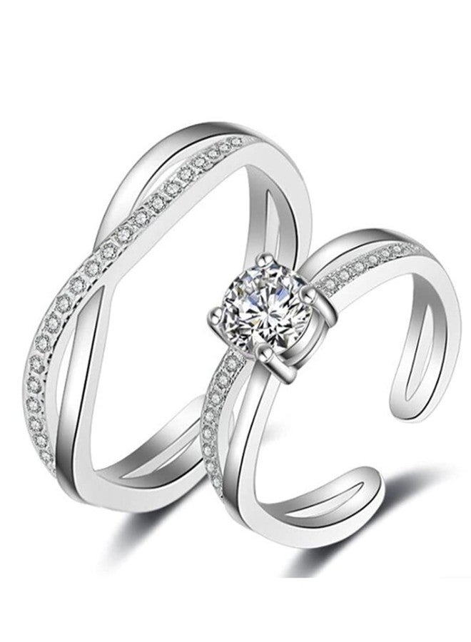 Karatcart Bohey by KARATCART Luxurious Silver-Tone Solitaire American Diamond Couple Ring Set - Image 1