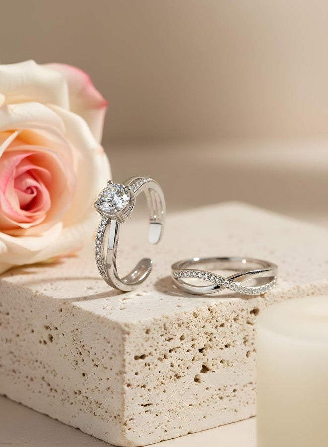 Karatcart Bohey by KARATCART Luxurious Silver-Tone Solitaire American Diamond Couple Ring Set - Image 2