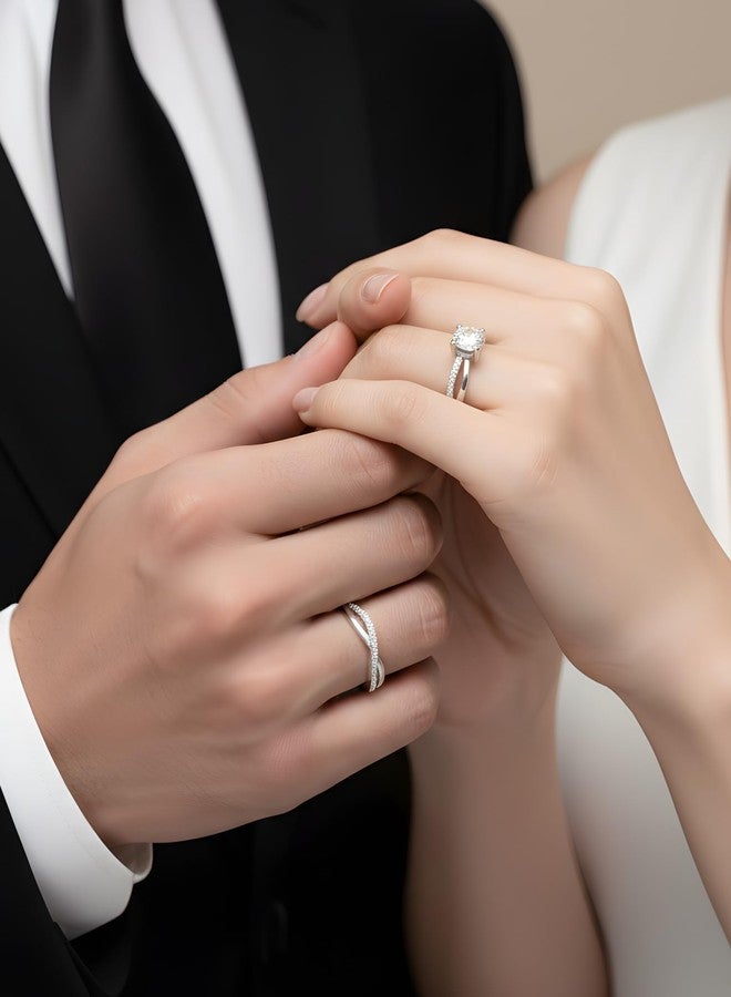 Karatcart Bohey by KARATCART Luxurious Silver-Tone Solitaire American Diamond Couple Ring Set - Image 3