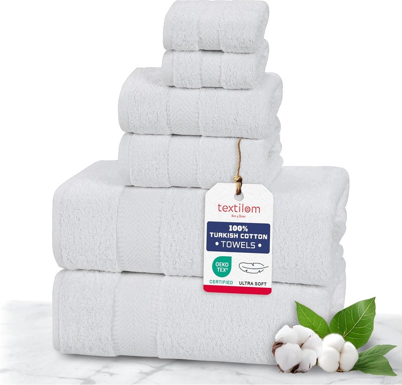 TEXTILOM 100% Turkish Cotton 6 Pcs Bath Towel Set, Luxury Bath Towels for Bathroom, Soft & Absorbent Bathroom Towels Set (2 Bathtowels, 2 Hand Towels, 2 Washcloths)- White - Image 1